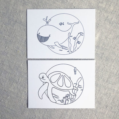 Duo Cartes postales à colorier baleine et tortue de mer Design An'imato