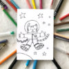 Carte postale à colorier chat de l'espace imaginée par Anne Da Cunha-Guillegault pour la marque An'imato