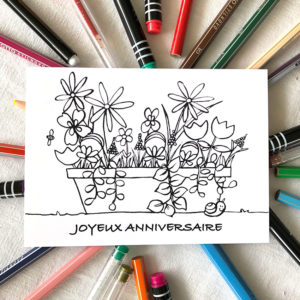 Carte postale à colorier Joyeux anniversaire bac de fleurs Design An'imato