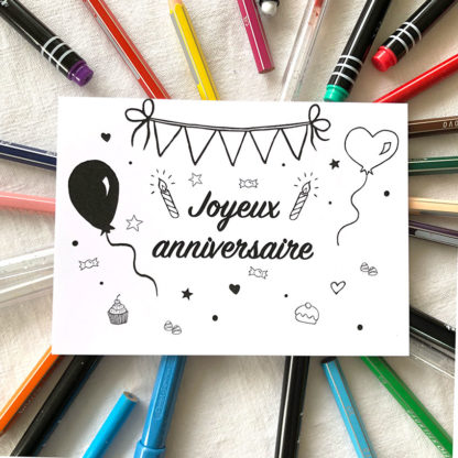 Carte postale à colorier Joyeux anniversaire ballon coeur imaginée par Anne Da Cunha-Guillegault pour la marque An'imato