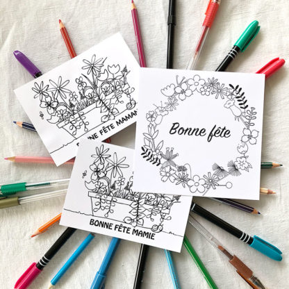 Cartes postales avec des fleurs à colorier thème Bonne fête Design An'imato cartes Bonne fête mamie, maman