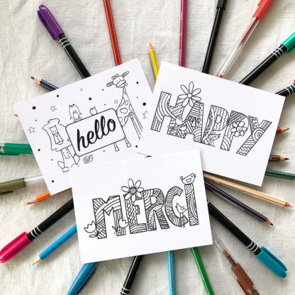 Cartes postales à colorier avec message Hello, Happy ou merci Design An'imato