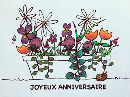 Carte postale à colorier bac à fleurs et message Joyeux anniversaire Design An'imato