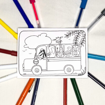 Carte postale à colorier bus scolaire avec des animaux Design Anne Da Cunha-Guillegault