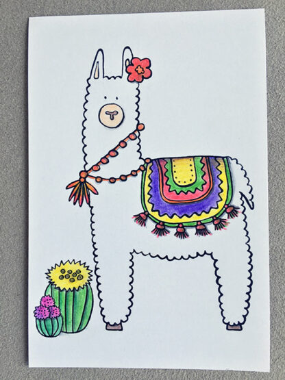 Carte postale à colorier lama coloriée Design Anne Da Cunha-Guillegault