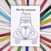 Carte postale à colorier avec voiture cox chargée de bagages imaginée par Anne Da Cunha-Guillegault pour la marque An'imato