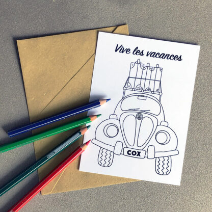 Carte postale à colorier avec voiture chargée de bagage Design Anne Da Cunha-Guillegault