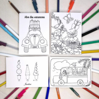 Cartes postales à colorier différents motifs Design Anne Da Cunha-Guillegault