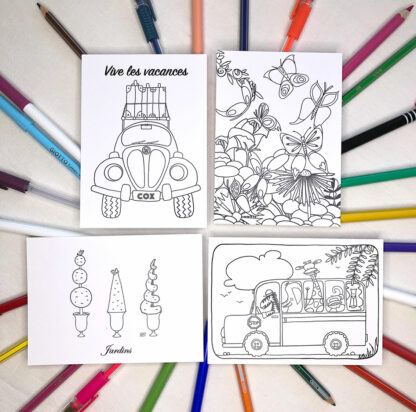 Cartes postales à colorier différents motifs Design Anne Da Cunha-Guillegault