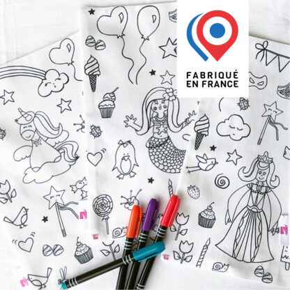 Feuilles à colorier en tissu lavable girly Design An'imato logo Fabriqué en France