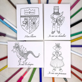 Lot de 4 cartes postales à colorier château Je suis un blason chevalier princesse et dragon Design Anne Da Cunha-Guillegault