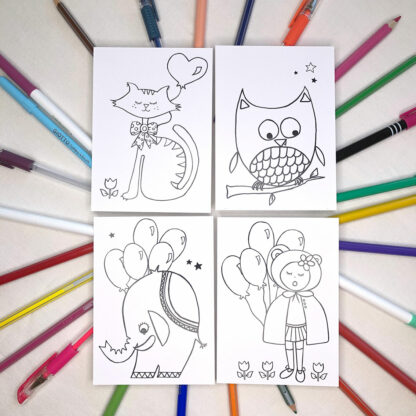 Lot de 4 cartes postales à colorier chat hibou éléphant et fillette Design Anne Da Cunha-Guillegault
