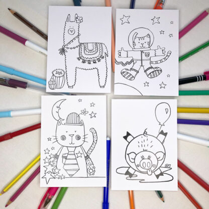 Lot de 4 cartes postales à colorier lama chat de l'espace chat de la lune cochon Design Anne Da Cunha-Guillegault