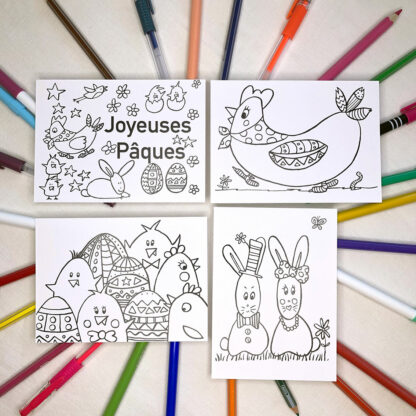 Lot de 4 cartes postales à colorier pour Pâques poule lapins oeufs poussins Design Anne Da Cunha-Guillegault