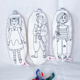Trio porte-clés en tissu Mylan Hajime et Mila à colorier Design Anne Da Cunha-Guillegault pour la marque An'imato