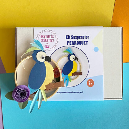 Kit cercle thème perroquet bleu en papiers découpés imaginé par Anne Da Cunha-Guillegault pour la marque An'imato
