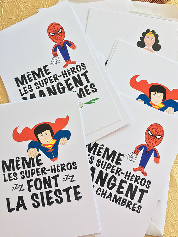 cartes postales avec message et super-héro(ïne)s Design Anne Da Cunha-Guillegault pour la marque An'imato