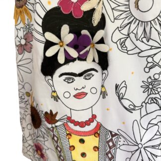 Sac tote-bag en tissu à personnaliser peinture et broderie pour ados et adultes - motifs frida Kahlo entourée de fleur et couronne de fleurs et texte La vie est belle - Motifs imaginés par Anne Da Cunha-Guillegault en exclusivité pour la marque An'imato