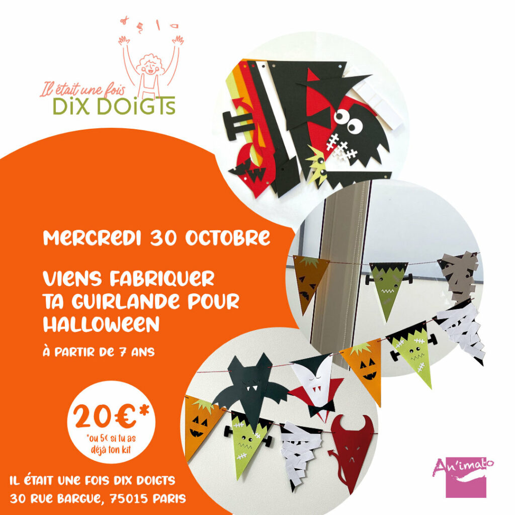 Atelier créatif fabrique ta guirlande d'Halloween en papier chez Il était une fois dix doigts le 30 octobre 2024