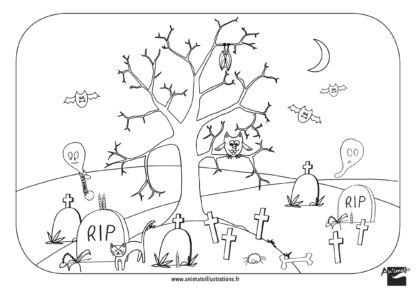 Coloriage spécial Halloween dans un cimetière