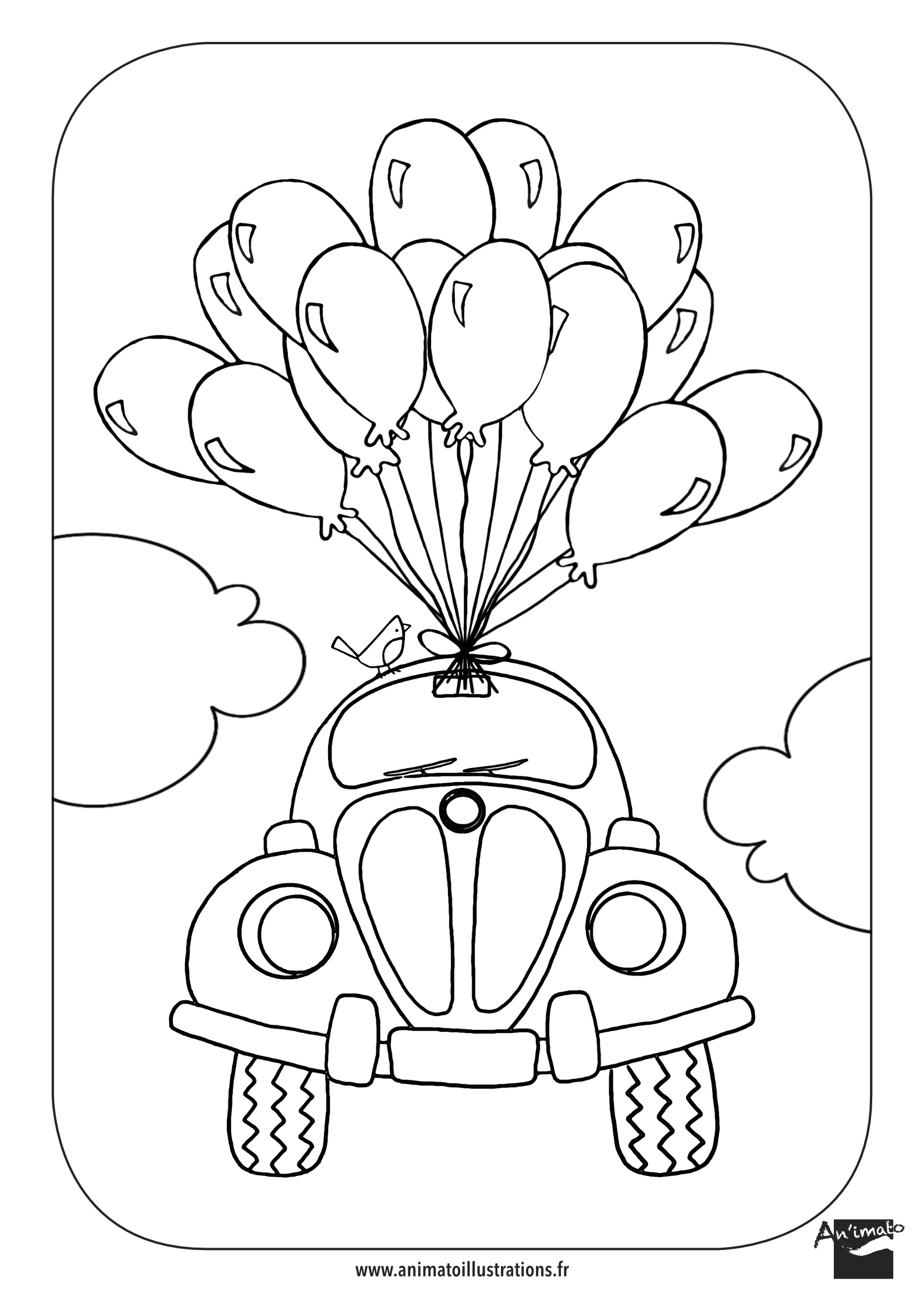 Coloriage hommage au film d'animation Là-haut avec une cox qui s'envole accrochée à des ballons
