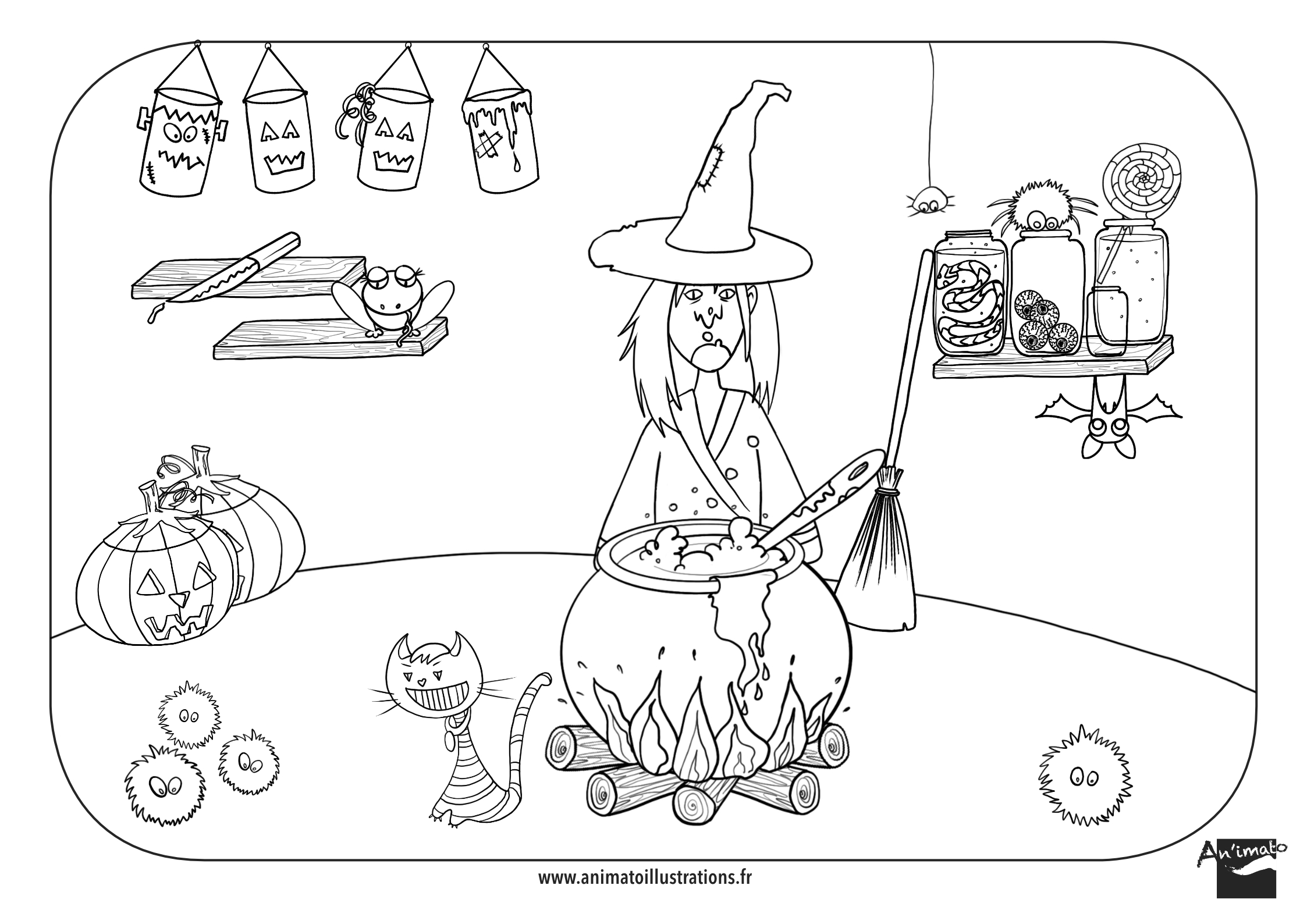 Coloriage à télécharger spécial Halloween avec une sorcière et son chaudron