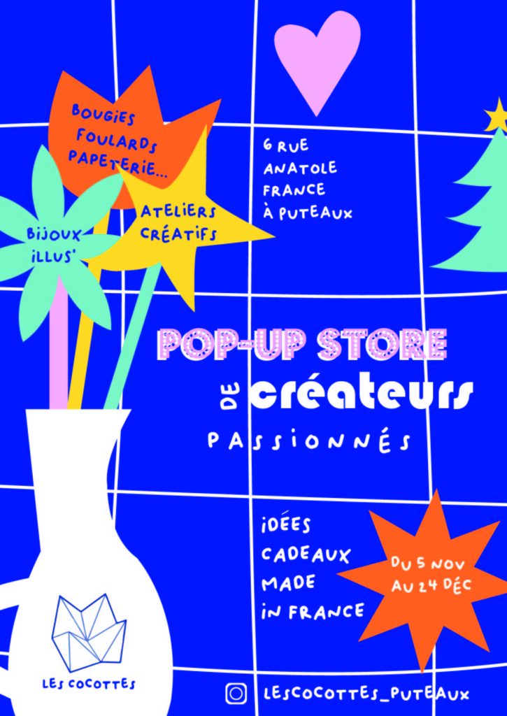 affiche pour le popup de Noël des Cocottes au 6 rue Anatole France à Puteaux - ouvert jusqu'au 24 décembre 2024