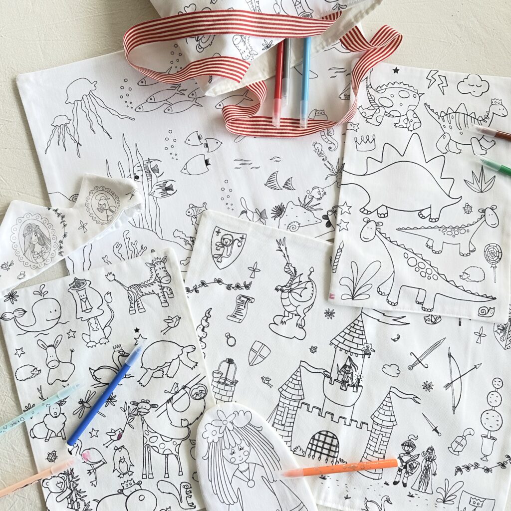 coloriages lavables sur tissu imaginés par Anne Da Cunha-Guillegault pour la marque An'imato