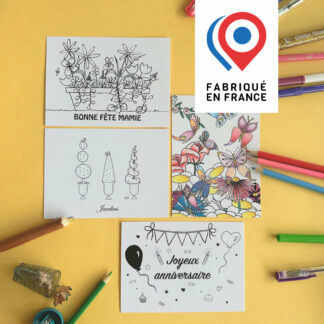 4 cartes postales à colorier papillons bonne fête mamie topiaires et joyeux anniversaire imaginées par Anne Da Cunha-Guillegault pour la marque An'imato