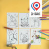 6 cartes postales à colorier thème animaux licorne cochon chat éléphant hibou lama imaginées par Anne Da Cunha-Guillegault pour la marque An'imato
