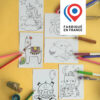 6 cartes postales à colorier thème animaux licorne tortue baleine lama chat cochon imaginées par Anne Da Cunha-Guillegault pour la marque An'imato