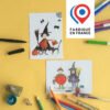 2 cartes postales pour Halloween enfants déguisés et sorcière et son chat noir imaginées par Anne Da Cunha-Guillegault pour la marque An'imato