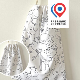 Pochon en tissu à colorier motifs recto animaux divers verso dinosaures imaginé par Anne Da Cunha-Guillegault en exclusivité pour la marque An'imato
