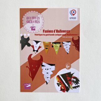 Kit créatif | le kit contient 6 fanions en papiers découpés pour fabriquer une guirlande d'Halloween | chauve-souris, diable, citrouille, Frankenstein, momie, diable | Guirlande imaginée et découpée par Anne Da Cunha-Guillegault en exclusivité pour la marque An'imato