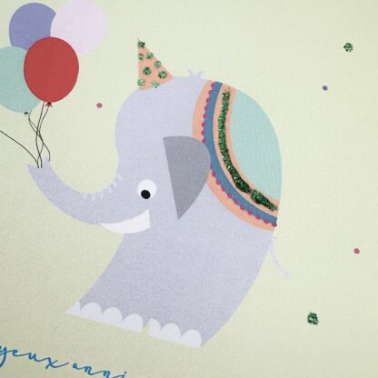 carte invitation éléphant avec paillettes de la pochette 5 invitations anniversaire thème licorne avec ballons gommettes, stylo gel et colles à paillette carte et gommettes imaginées par Anne Da Cunha-Guillegault en exclusivité pour la marque An'imato