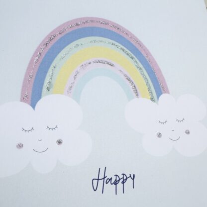 carte happy arc-en-ciel avec paillettes de la pochette 5 invitations anniversaire thème licorne avec ballons gommettes, stylo gel et colles à paillette carte et gommettes imaginées par Anne Da Cunha-Guillegault en exclusivité pour la marque An'imato