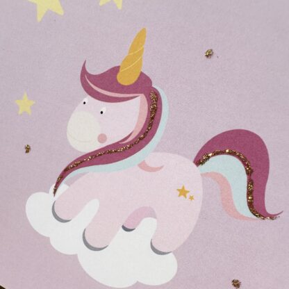 carte licorne avec paillettes de la pochette 5 invitations anniversaire thème licorne avec ballons gommettes, stylo gel et colles à paillette carte et gommettes imaginées par Anne Da Cunha-Guillegault en exclusivité pour la marque An'imato