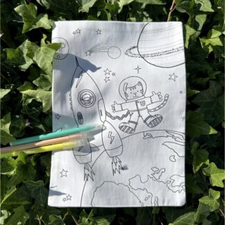 feuille en tissu à colorier lavable réutilisable thème espace fusée chat de l'espace Design Anne Da Cunha-Guillegault en exclusivité pour la marque An'imato Fabriqué en France motifs exclusifs