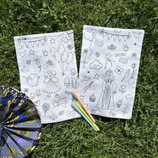 Duo feuilles en tissu à colorier lavable réutilisable motifs princesse cheveux longs ou courts Design Anne Da Cunha-Guillegault en exclusivité pour la marque An'imato Fabriqué en France motifs exclusifs