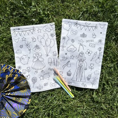 Duo feuilles en tissu à colorier lavable réutilisable motifs princesse cheveux longs ou courts Design Anne Da Cunha-Guillegault en exclusivité pour la marque An'imato Fabriqué en France motifs exclusifs