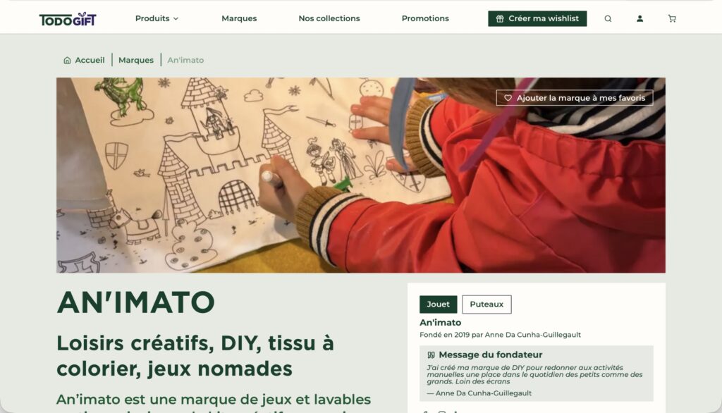 photo du site Todo Gift et la présentation de la marque An'imato