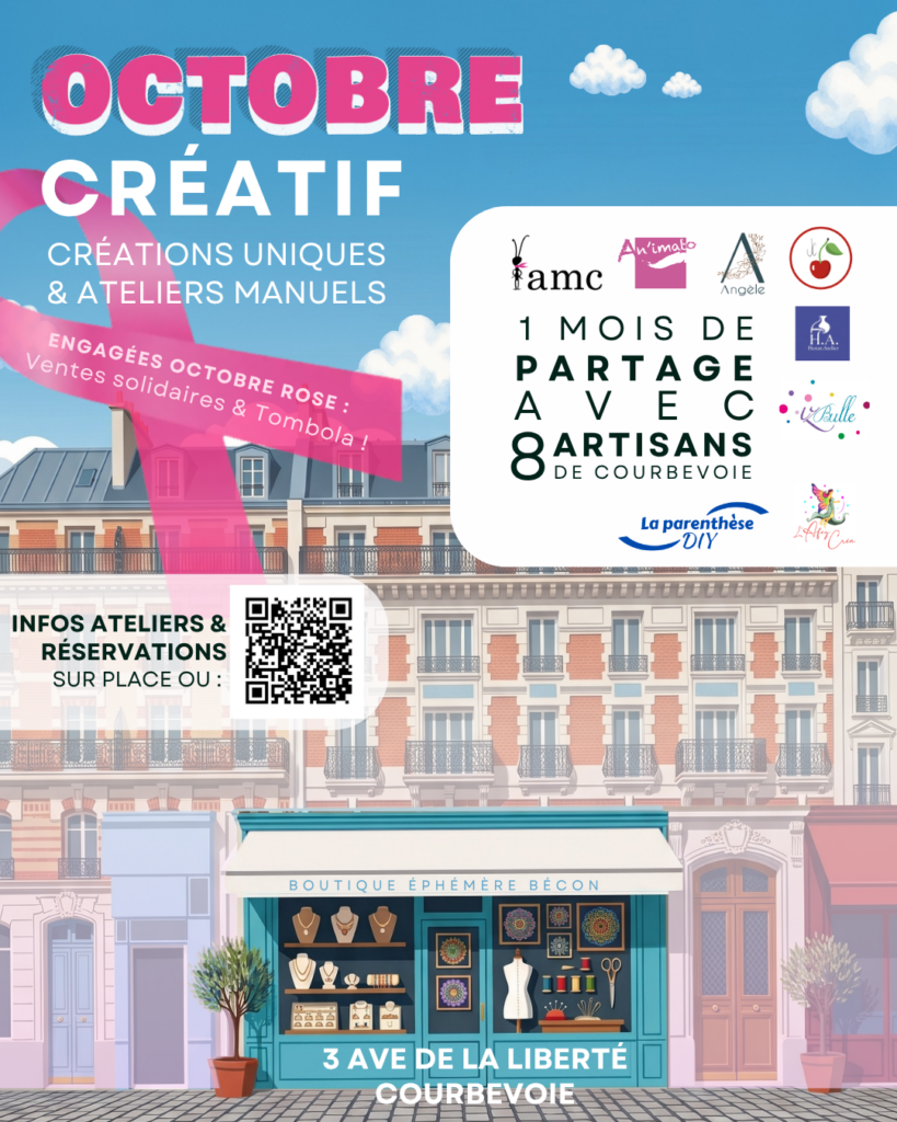 affiche de la boutique éphémère de Bécon imaginée par 8 créatrices courbevoisiennes ou non pendant tout le mois d'octobre 2026 - ateliers créatifs durant le mois.
